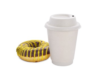 Photo of Tasty fresh donut and hot drink isolated on white