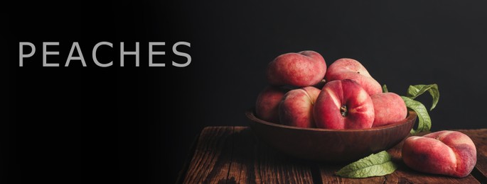 Fresh flat peaches on table against black background, banner design