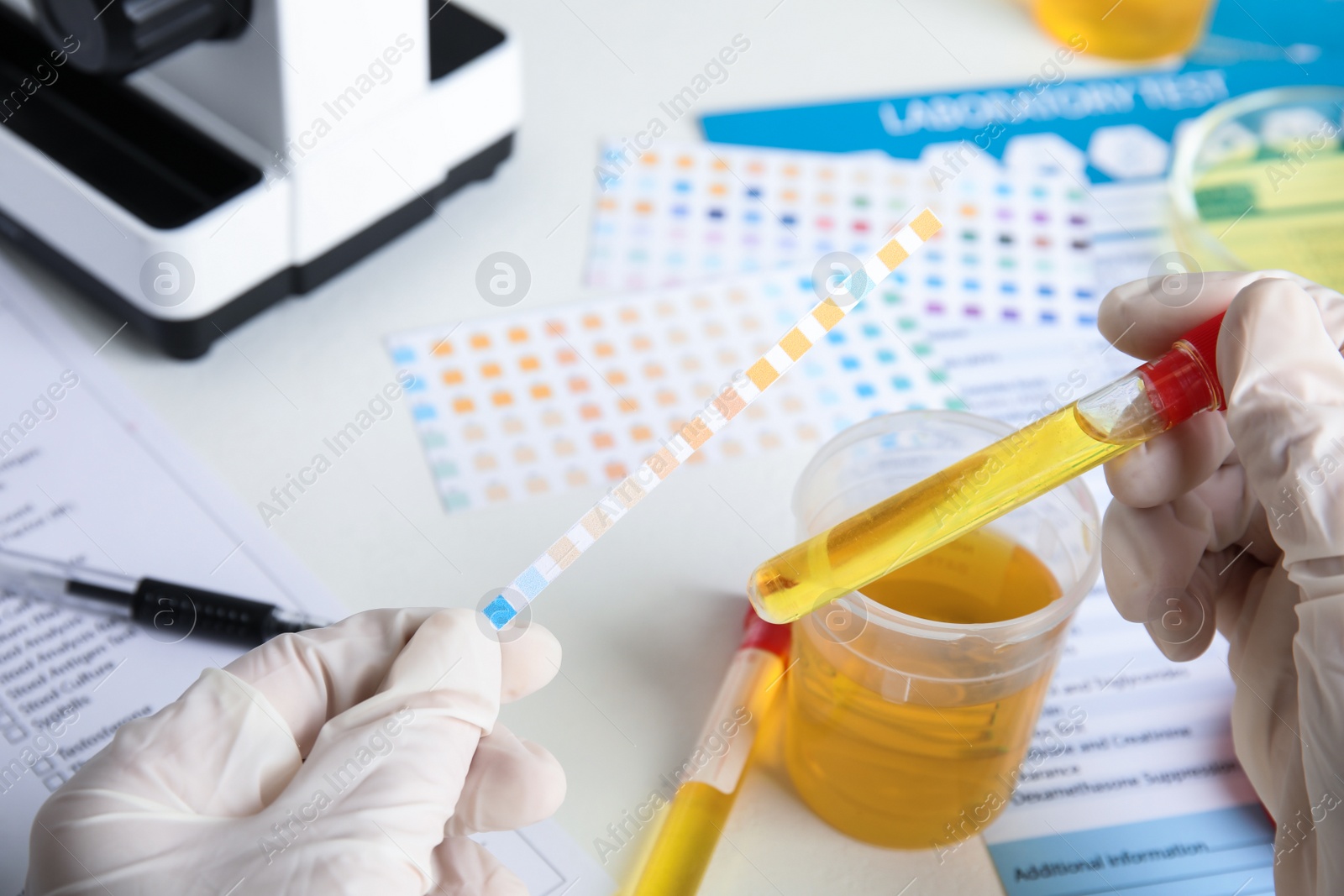 Photo of Doctor holding test tube with urine sample for analysis at white table, closeup