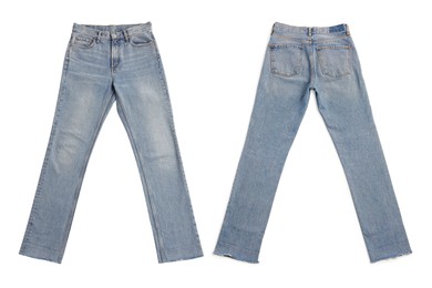 Image of Collage with jeans isolated on white, back and front views