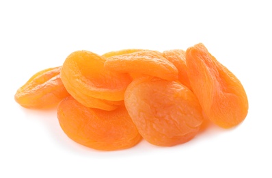 Tasty apricots on white background. Dried fruit as healthy food