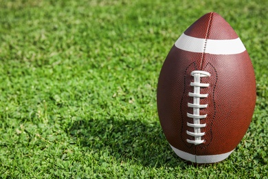 Photo of Ball for American football on fresh green field grass. Space for text