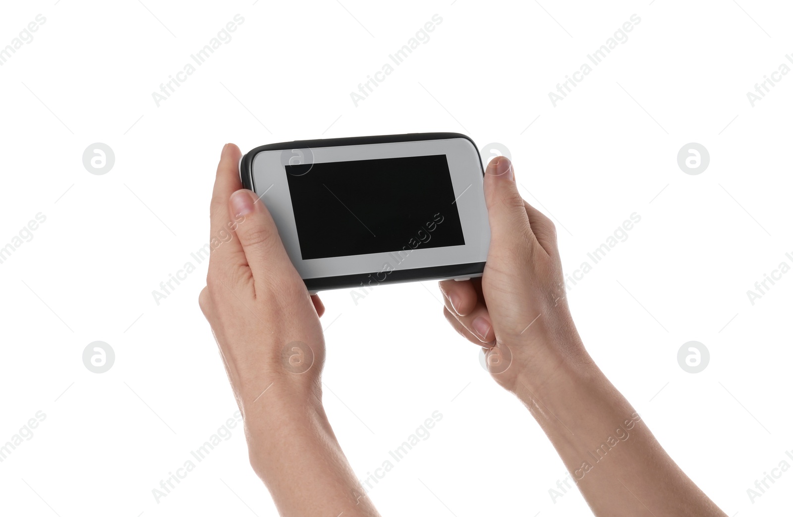 Photo of Woman holding baby monitor on white background. CCTV equipment