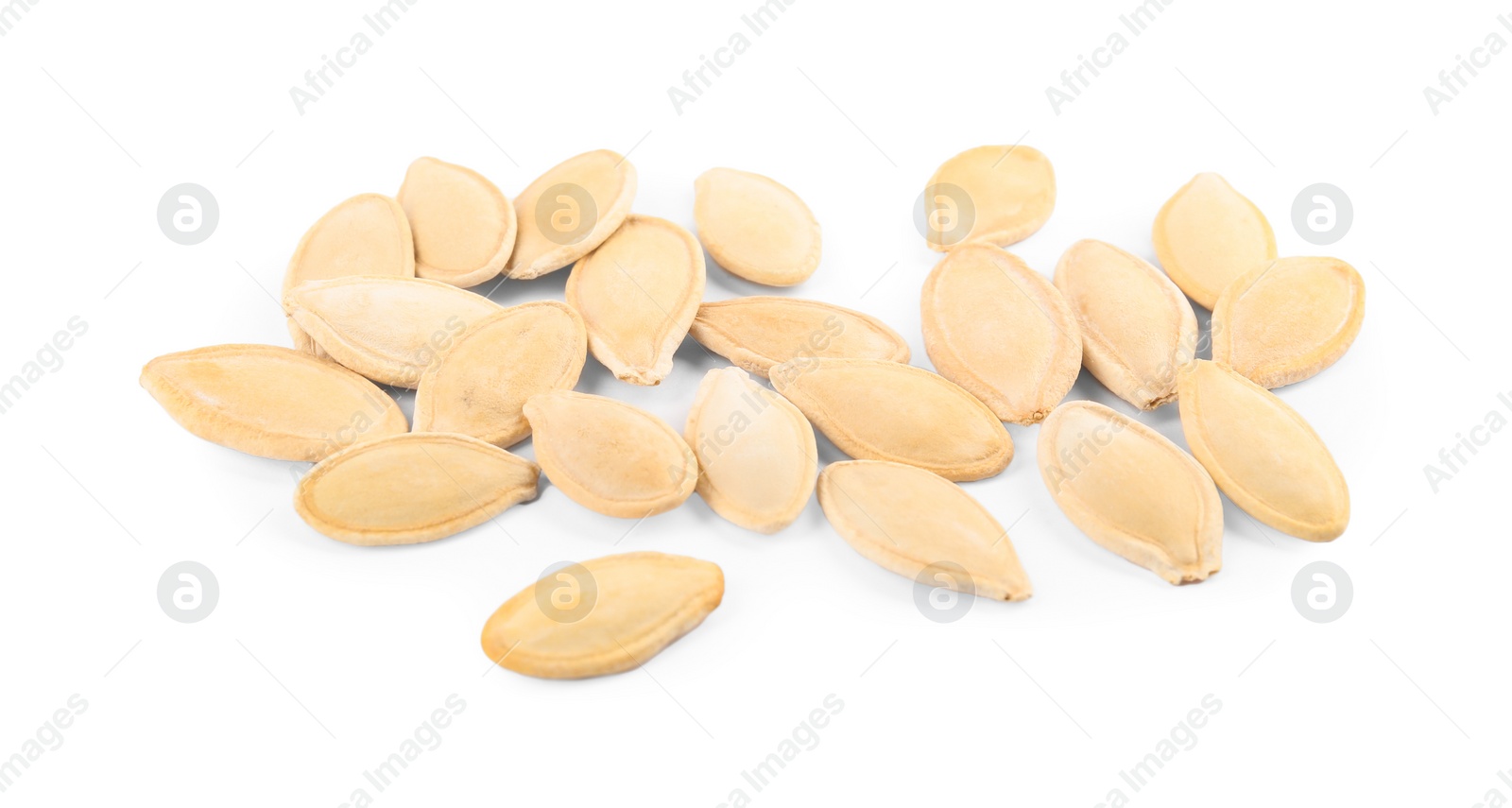 Photo of Pile of raw pumpkin seeds on white background