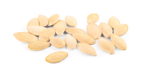 Photo of Pile of raw pumpkin seeds on white background