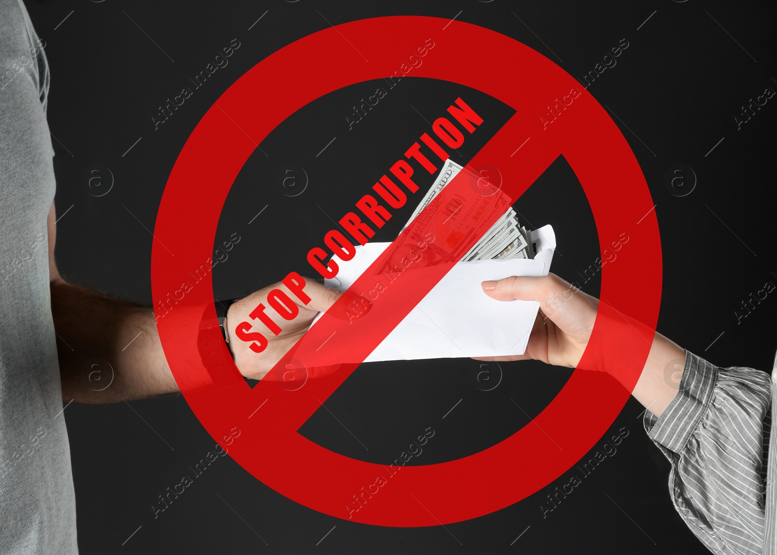 Image of Stop corruption. Illustration of red prohibition sign and woman giving bribe money to man on black background, closeup