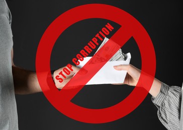 Image of Stop corruption. Illustration of red prohibition sign and woman giving bribe money to man on black background, closeup