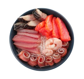 Delicious mackerel, tuna, shrimps and salmon served with funchosa isolated on white, top view. Tasty sashimi dish