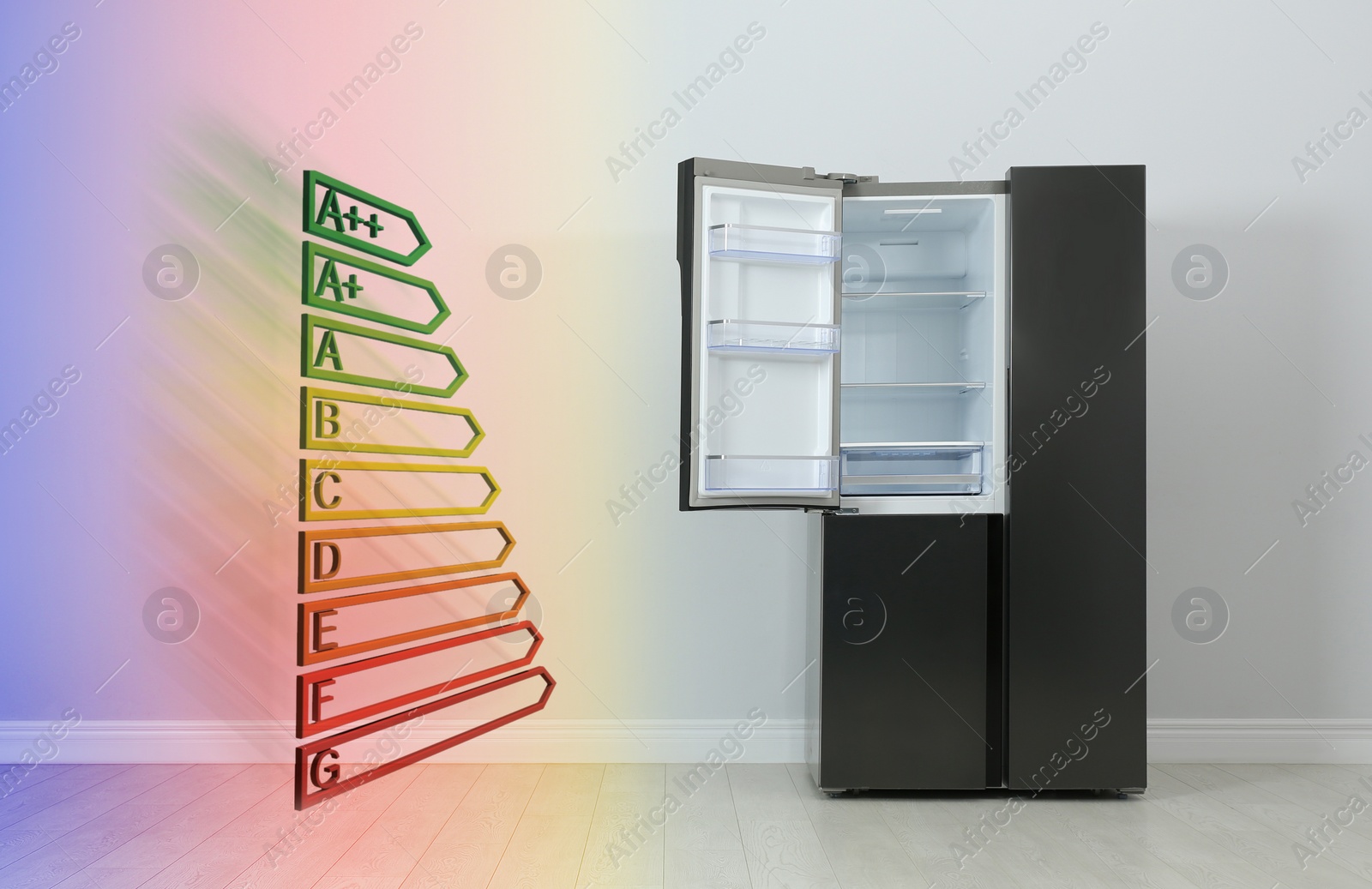 Image of Energy efficiency rating label and open refrigerator indoors