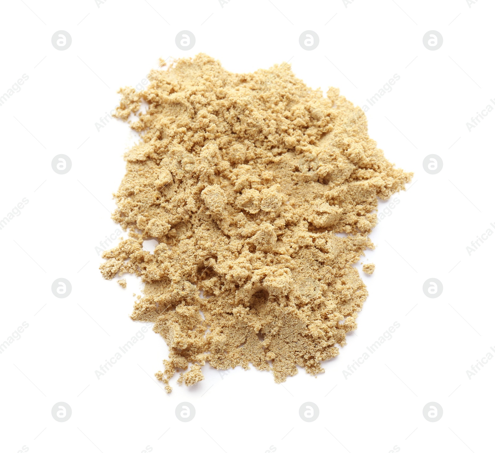 Photo of Heap of aromatic mustard powder on white background, top view