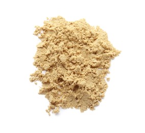 Photo of Heap of aromatic mustard powder on white background, top view