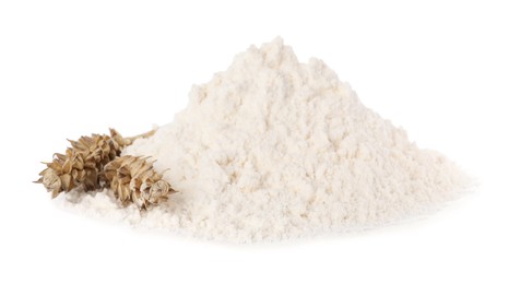 Photo of Pile of wheat flour and spikes isolated on white