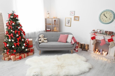 Living room interior with decorated Christmas tree