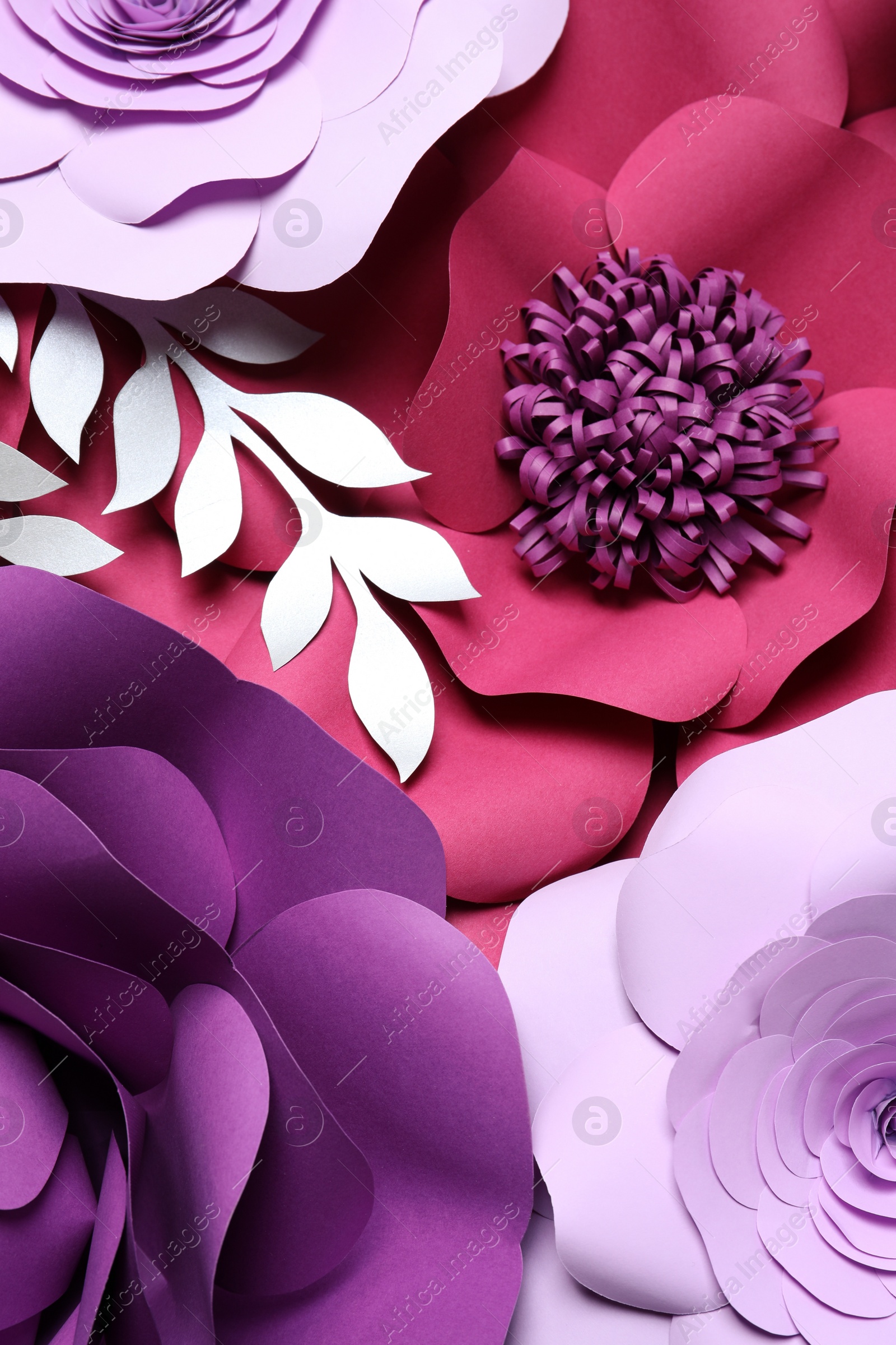 Photo of Different beautiful flowers and branches made of paper as background, top view