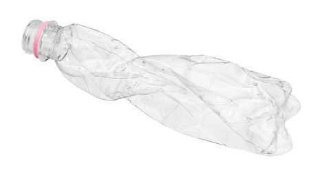 Photo of Crumpled disposable plastic bottle isolated on white