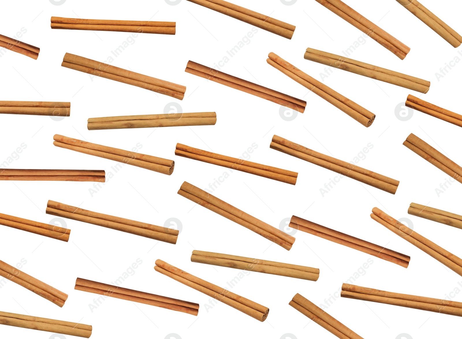 Image of Aromatic cinnamon sticks on white background, top view