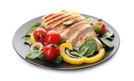 Photo of Delicious grilled chicken with fresh vegetables and spinach isolated on white