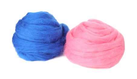 Blue and pink felting wool isolated on white