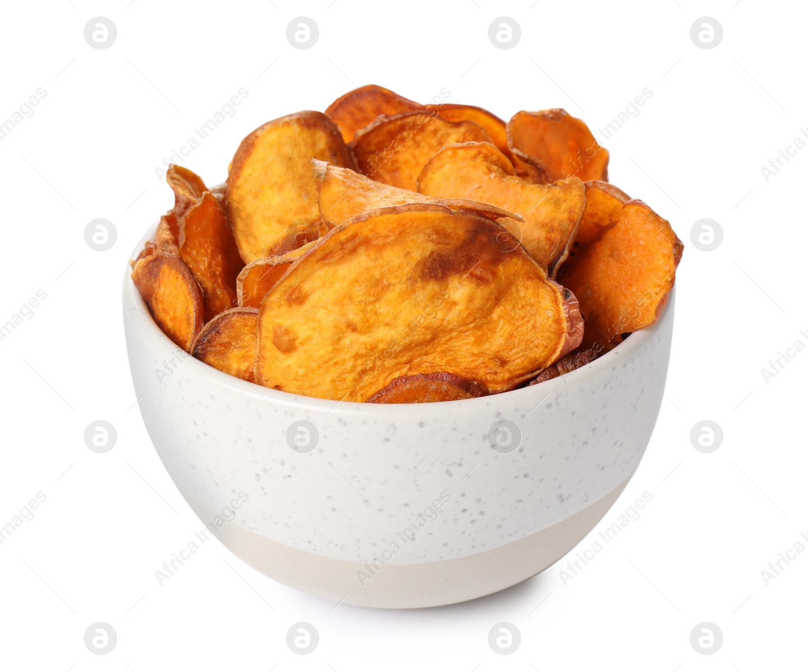 Photo of Bowl of tasty sweet potato chips isolated on white