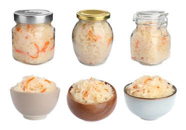 Image of Set with tasty fermented cabbage with carrot on white background