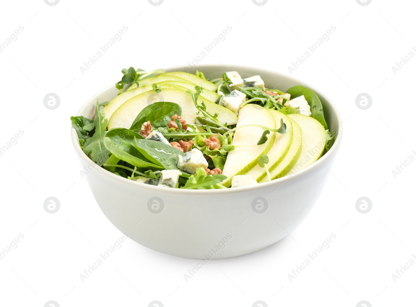 Photo of Tasty salad with pear slices isolated on white