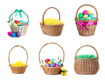 Set with wicker baskets on white background. Easter item