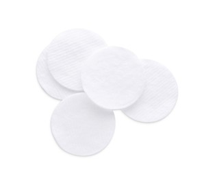 Soft clean cotton pads on white background, top view