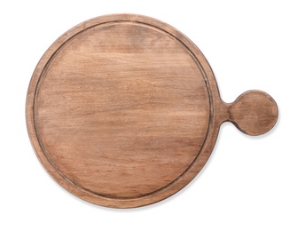 Wooden board on white background, top view. Kitchen accessory