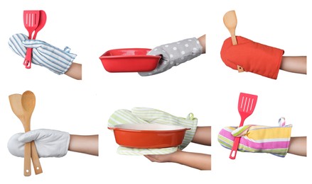 Image of Closeup view of chefs in oven gloves holding utensils and baking pans, collage. Banner design