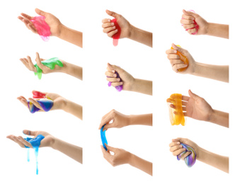 Collage of women playing with slimes on white background, closeup. Antistress toy