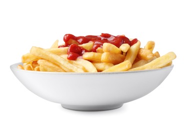 Bowl of tasty french fries with ketchup isolated on white