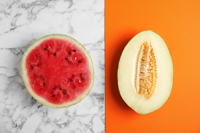 Photo of Flat lay composition with melon and watermelon on color background