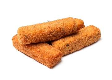 Pile of tasty cheese sticks isolated on white