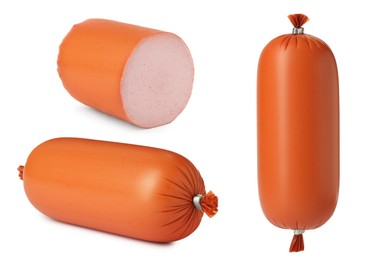 Image of Collage with delicious boiled sausage on white background