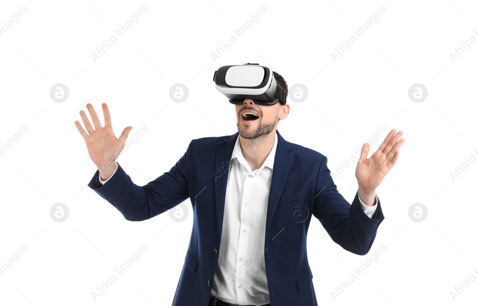 Photo of Man using virtual reality headset on white background