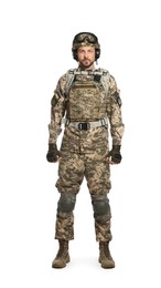 Photo of Soldier in Ukrainian military uniform with tactical goggles and headphones on white background