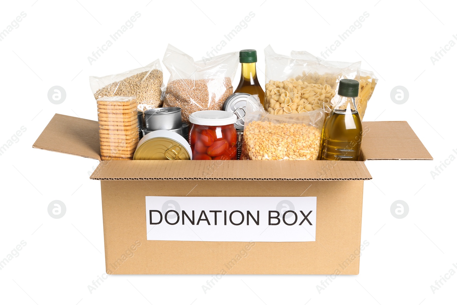 Photo of Donation box with food isolated on white