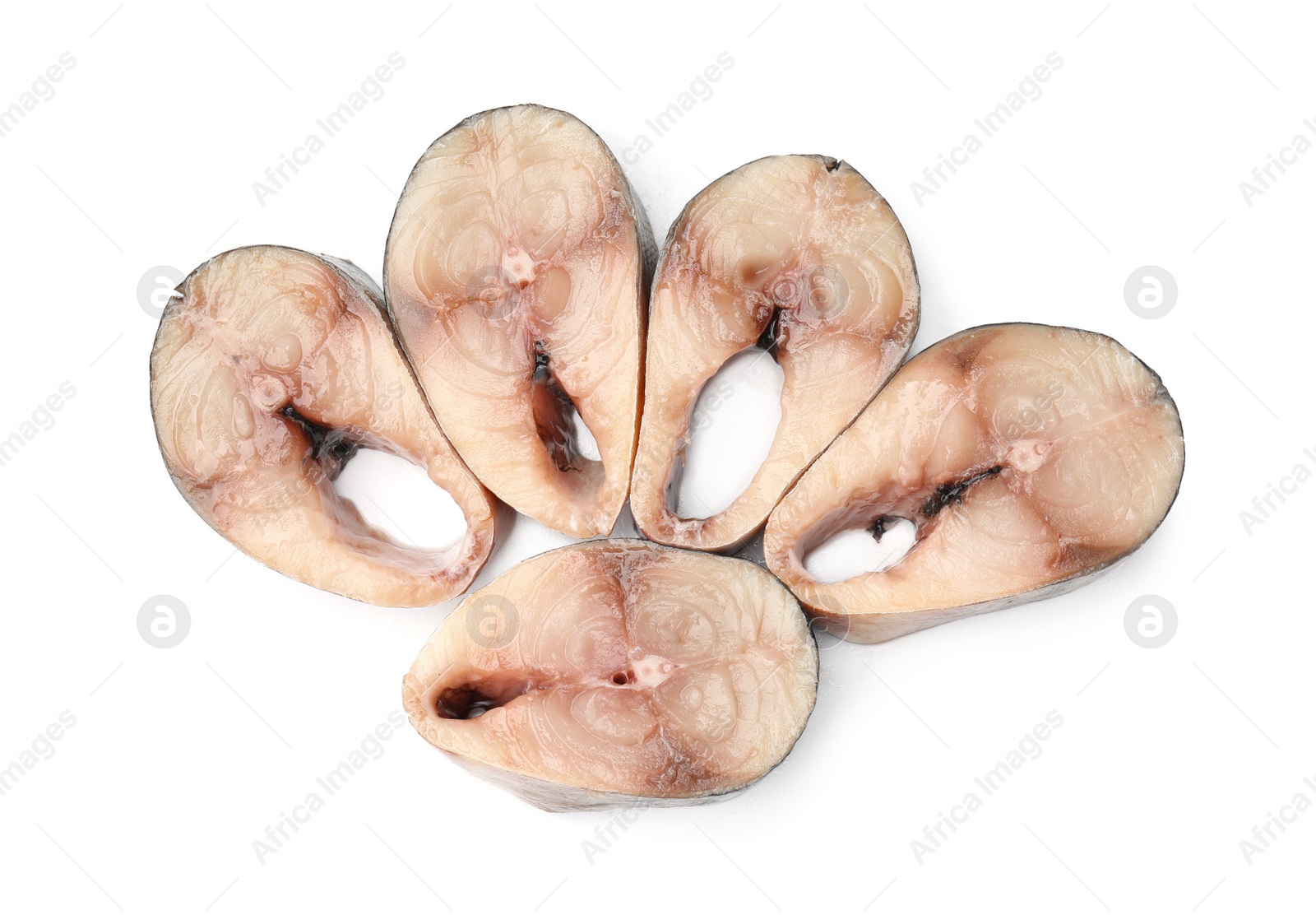 Photo of Pieces of mackerel fish on white background, top view