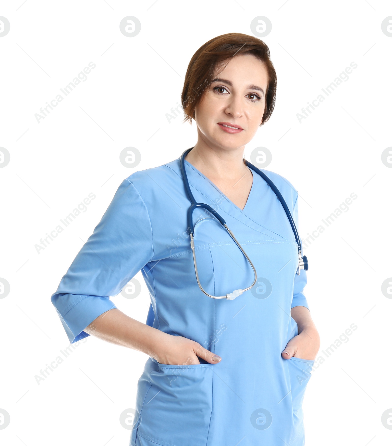 Photo of Portrait of experienced doctor in uniform on white background. Medical service