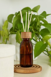 Photo of Aromatic reed air freshener and beautiful houseplant on white table indoors