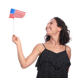 Photo of Happy young woman with American flag on white background