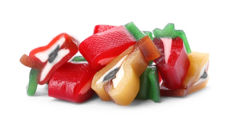 Photo of Pile of delicious colorful chewing candies on white background