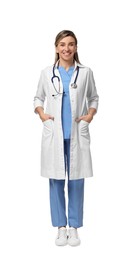 Photo of Portrait of happy doctor with stethoscope on white background