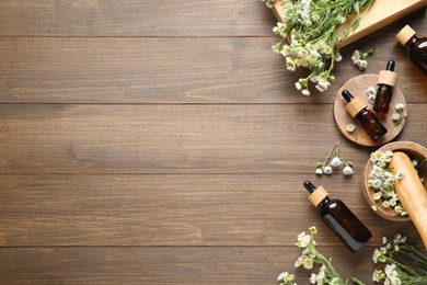 Photo of Flat lay composition with chamomile essential oil and flowers on wooden background. Space for text