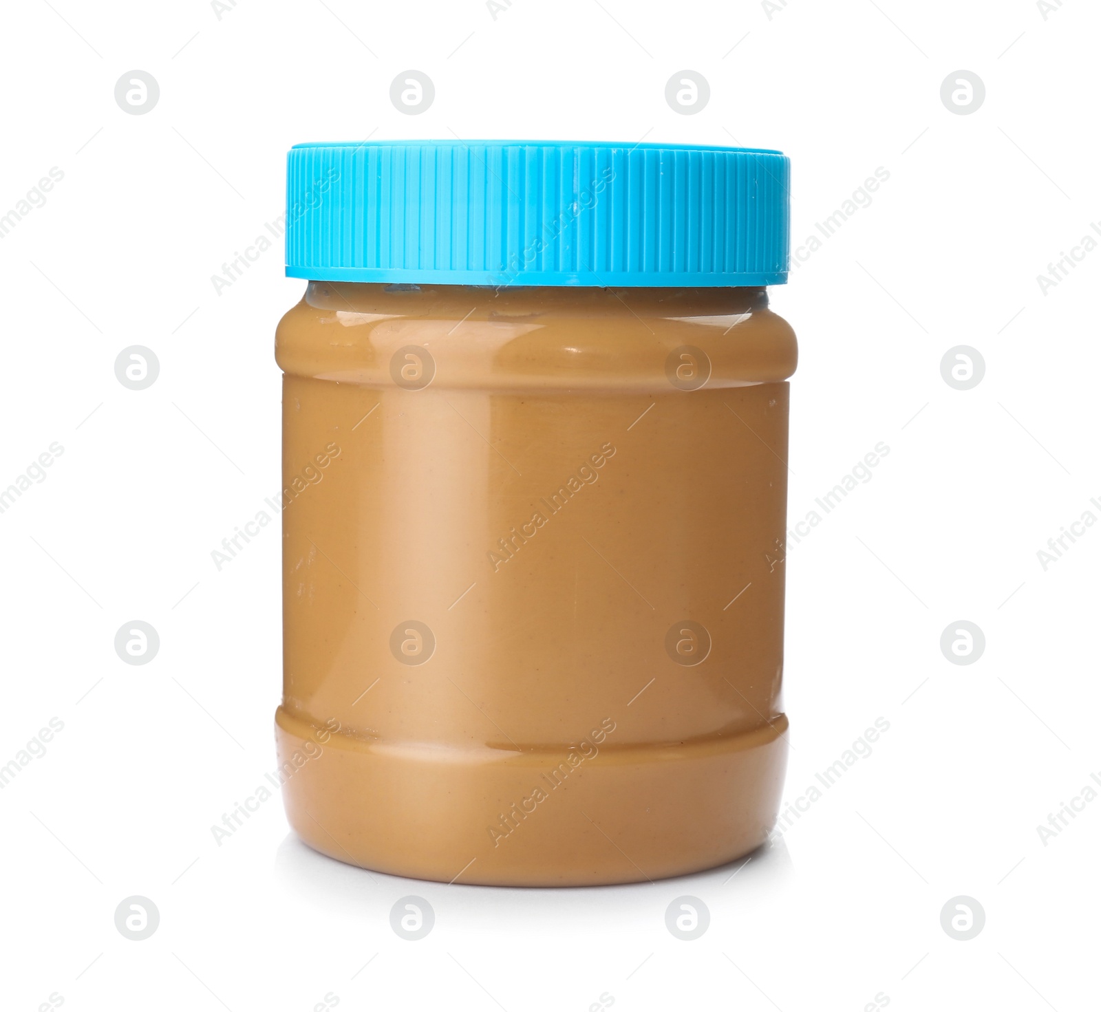 Photo of Jar with creamy peanut butter on white background