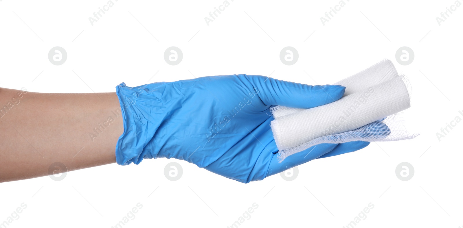 Photo of Doctor holding gauze bandage roll on white background, closeup