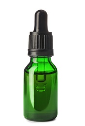 Photo of Cosmetic bottle and pipette with essential oil on white background