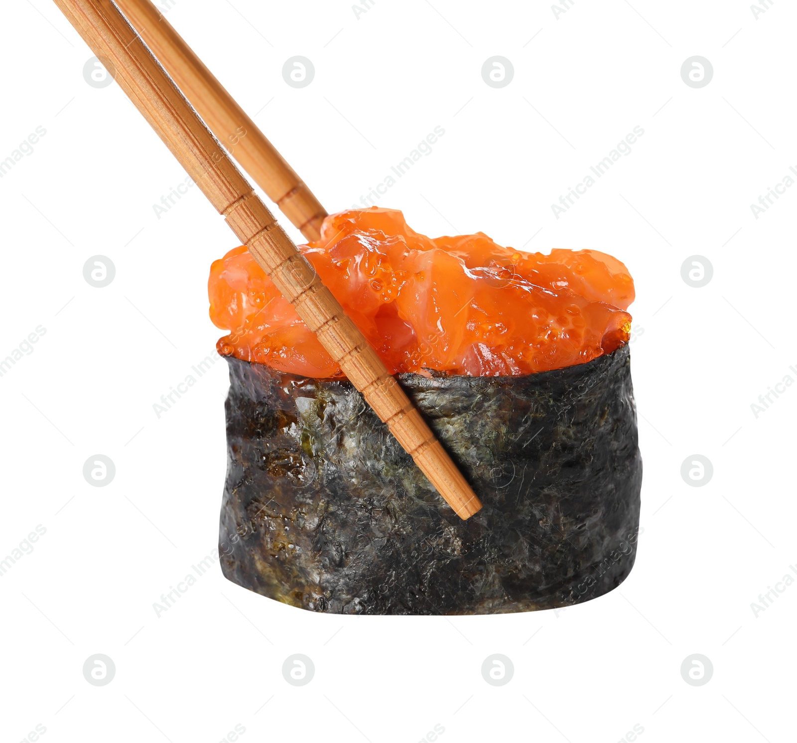 Photo of Chopsticks with delicious sushi isolated on white