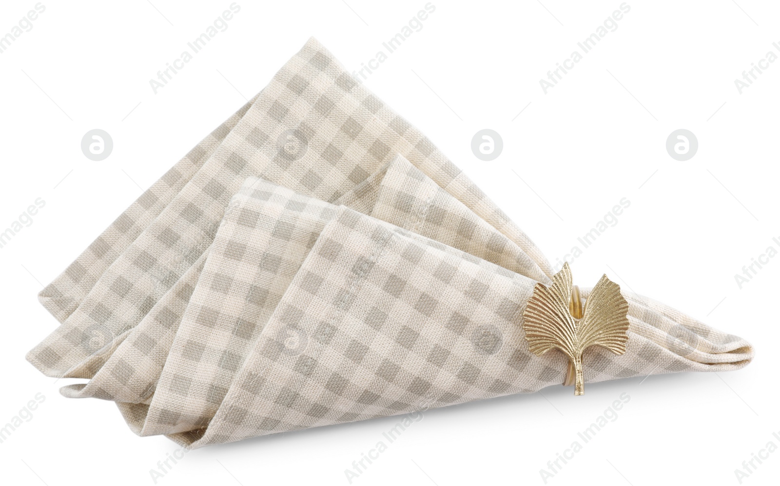 Photo of Napkin with decorative ring for table setting isolated on white, top view