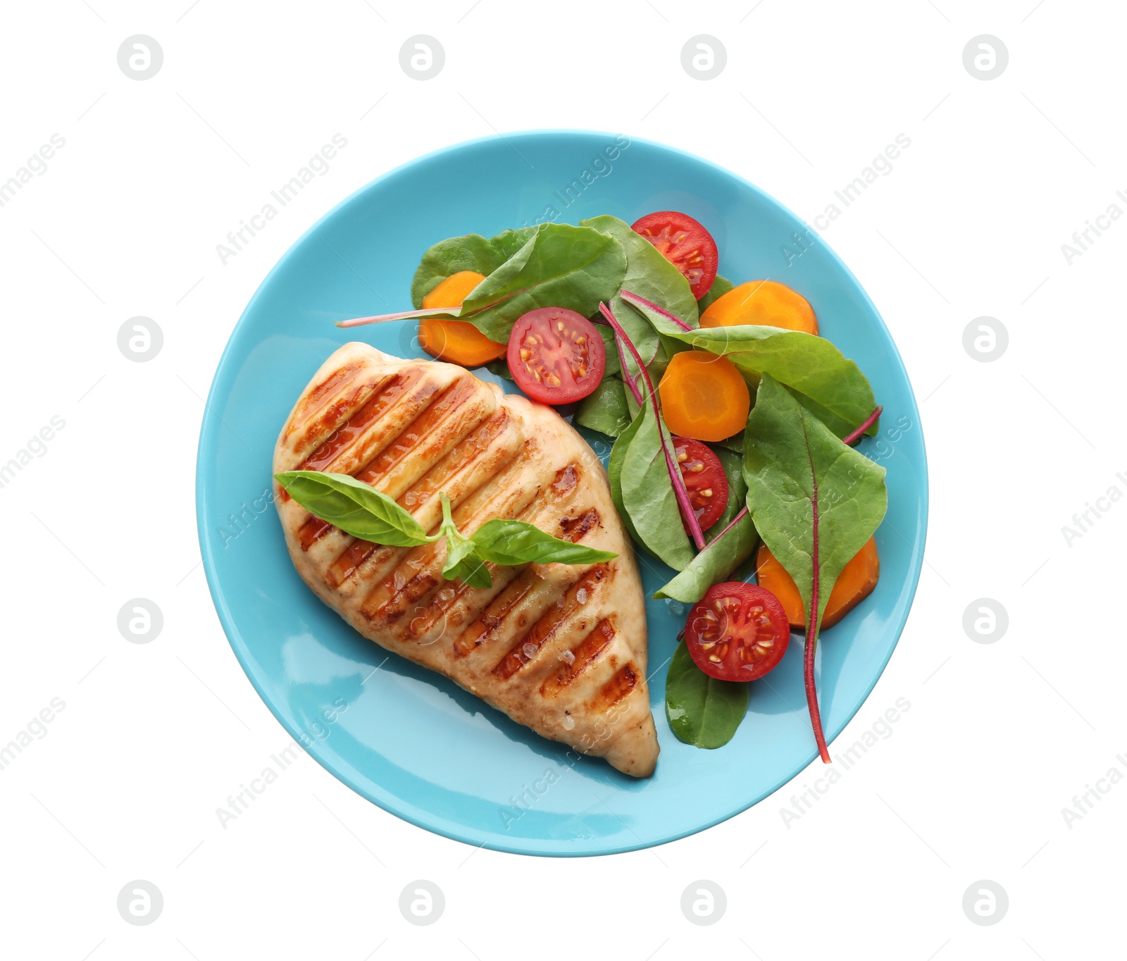 Photo of Tasty grilled chicken fillet with green basil and vegetables isolated on white, top view